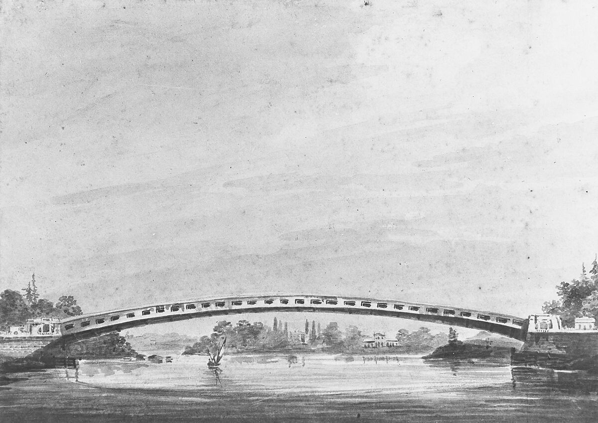 The Upper Bridge over the Schuylkill, Philadelphia—Lemon Hill in the Background, Pavel Petrovich Svinin (1787/88–1839), Watercolor and graphite on white wove paper, American 