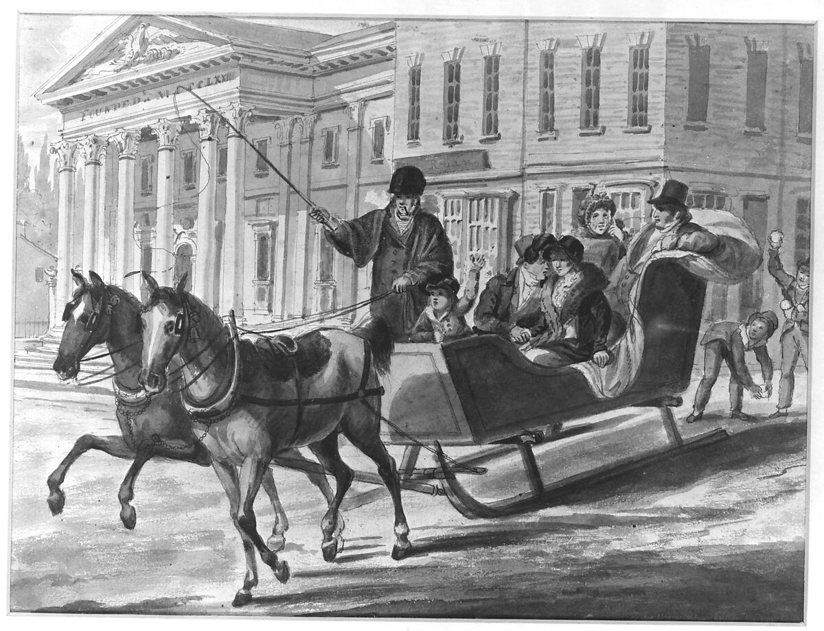 Winter Scene in Philadelphia—The Bank of the United States in the Background, Attributed to John Lewis Krimmel (1786–1821), Watercolor, black ink, and gum arabic on white wove paper, American