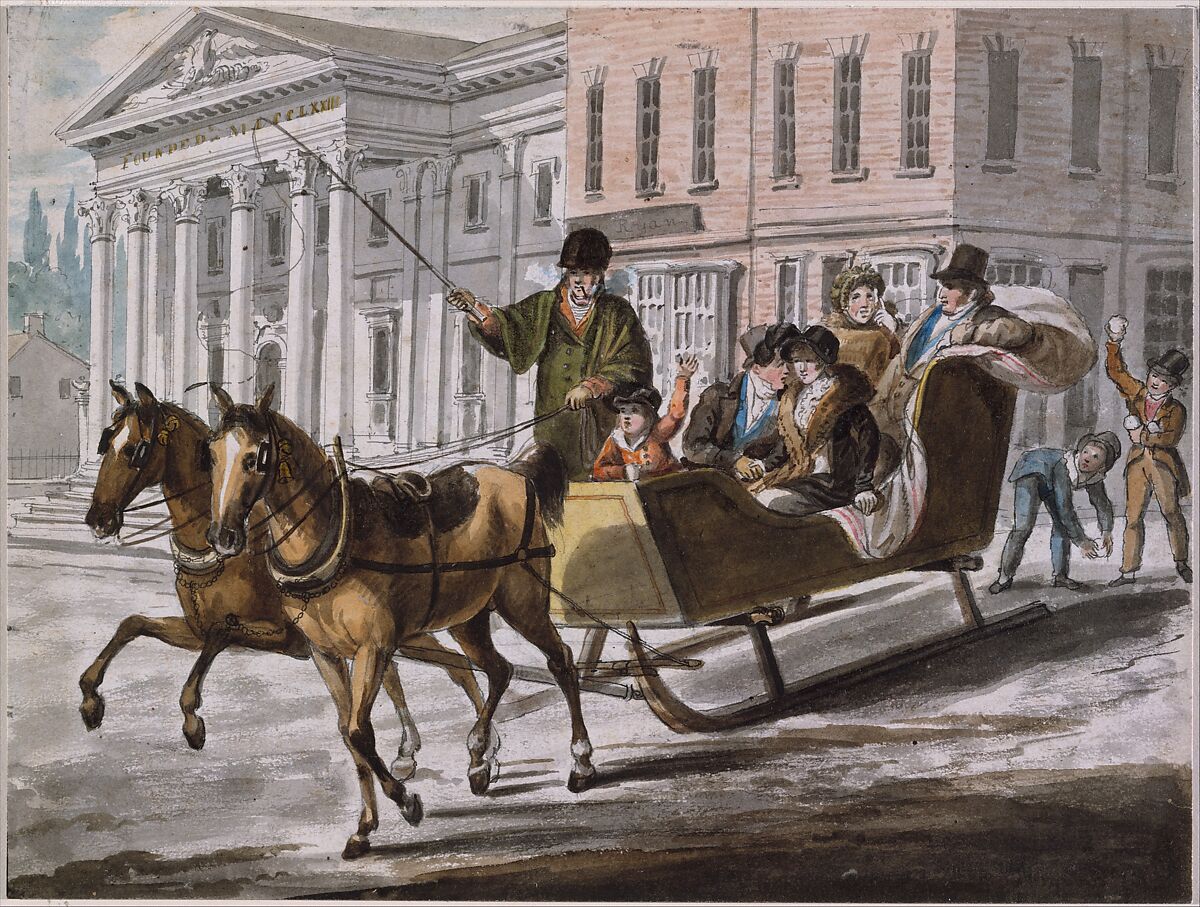 Winter Scene in Philadelphia—The Bank of the United States in the Background, Attributed to John Lewis Krimmel (1786–1821), Watercolor, black ink, and gum arabic on white wove paper, American 