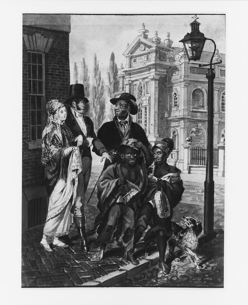 "Worldly Folk" Questioning Chimney Sweeps and Their Master before Christ Church, Philadelphia, Attributed to John Lewis Krimmel (1786–1821), Watercolor and graphite on white laid paper, American