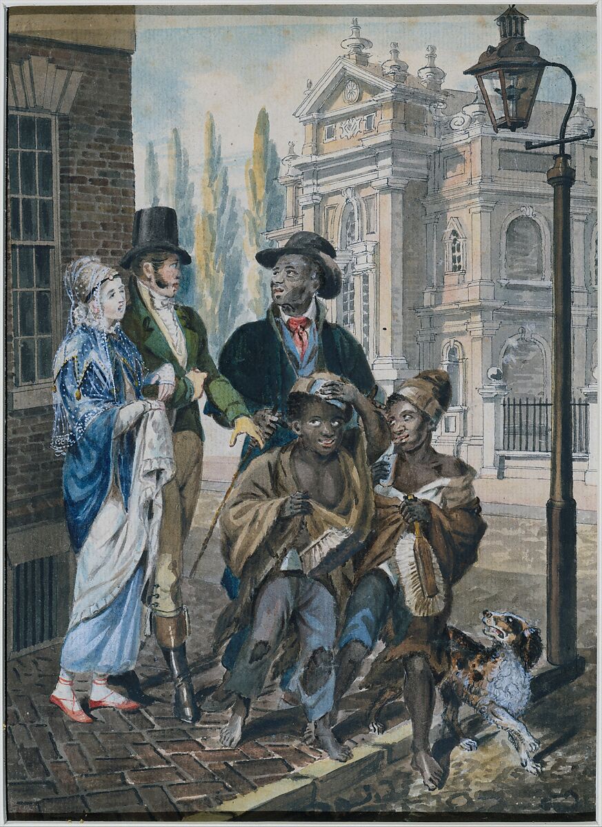 "Worldly Folk" Questioning Chimney Sweeps and Their Master before Christ Church, Philadelphia, Attributed to John Lewis Krimmel (1786–1821), Watercolor and graphite on white laid paper, American 