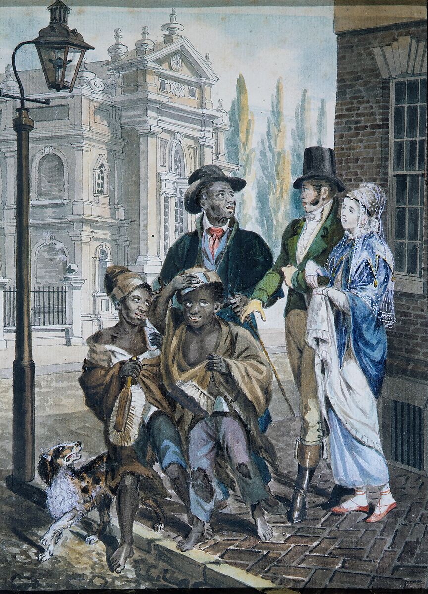 "Worldly Folk" Questioning Chimney Sweeps and Their Master before Christ Church, Philadelphia, Attributed to John Lewis Krimmel (1786–1821), Watercolor and graphite on white laid paper, American