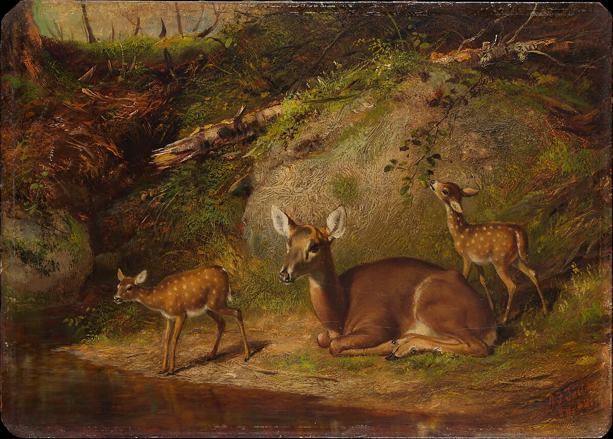Doe and Two Fawns, Arthur Fitzwilliam Tait (American (born England), Liverpool 1819–1905 Yonkers, New York), Oil on academy board, American 