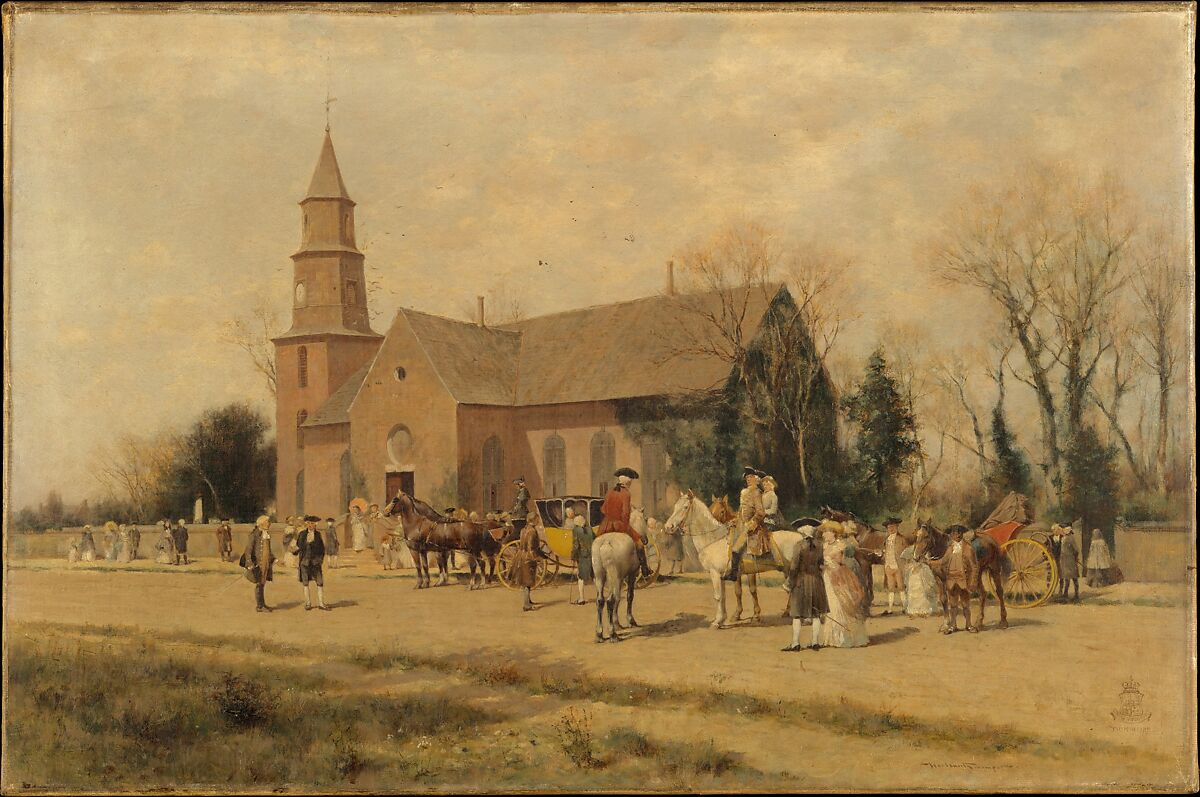 Old Bruton Church, Williamsburg, Virginia, in the Time of Lord Dunmore, Alfred Wordsworth Thompson (American, Baltimore, Maryland 1840–1896 Summit, New Jersey), Oil on canvas, American 