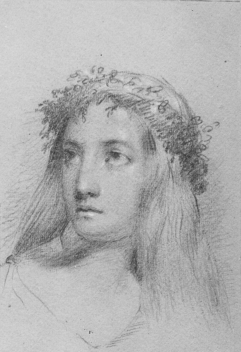 Ophelia (from McGuire Scrapbook), Probably Cephas Giovanni Thompson (1809–1888), Graphite with white-chalk heightening on embossed grey green paper, American