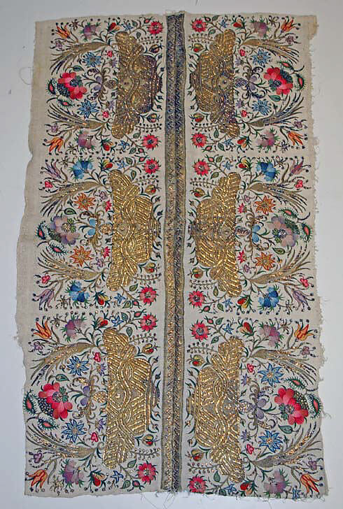 Textile, Cotton, silk, metal wrapped thread; embroidered 