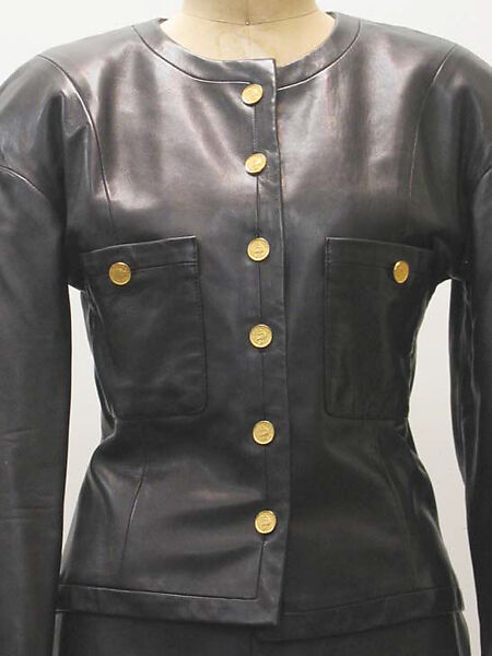 Evening ensemble, House of Chanel (French, founded 1910), a) leather, metal, synthetic; b) leather, synthetic, French