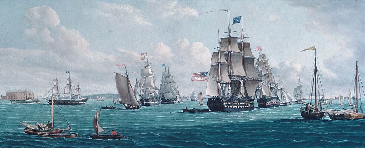 The U. S. Ship Franklin, with a View of the Bay of New York, Thomas Thompson (American (born England), Whorlton 1775/76–1852 New York), Oil on canvas, American 