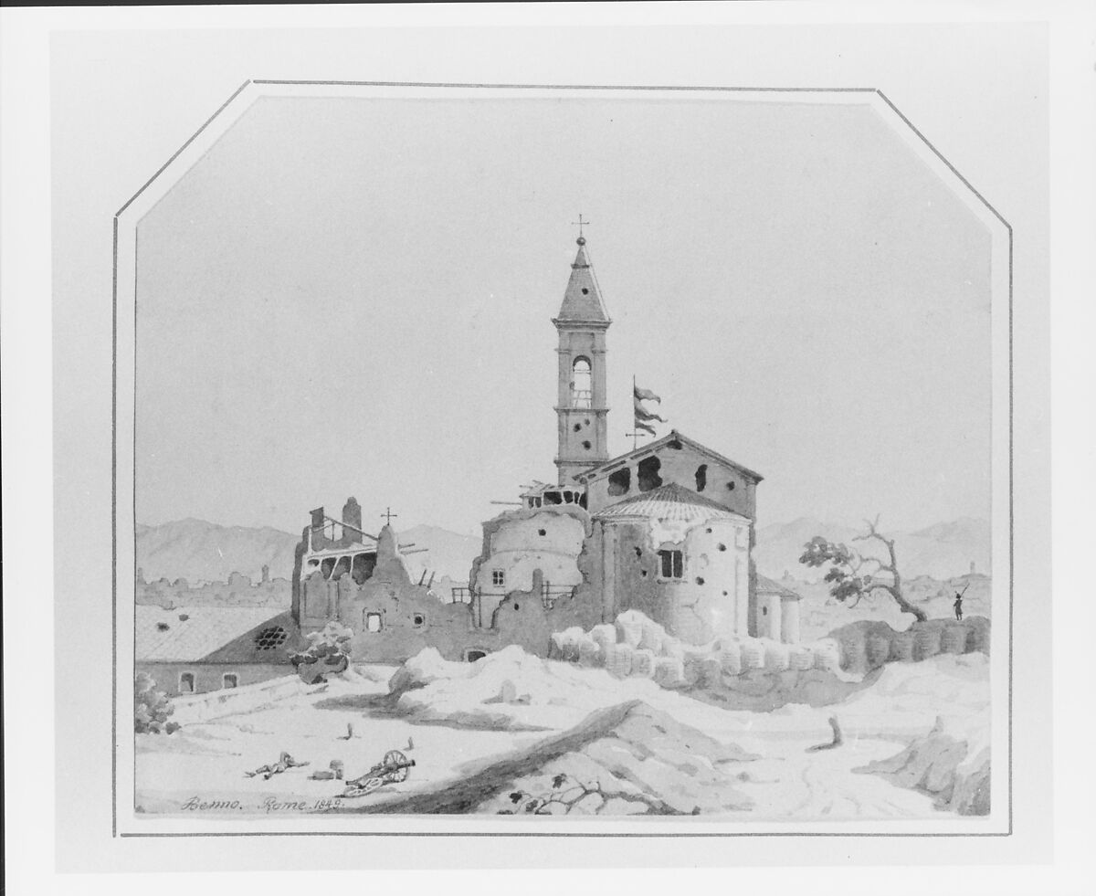 Ruins with Cannon and Soldiers (from Cropsey Album), Benno Friedrich Toermer (1804–1859), Watercolor washes and graphite on light brown wove paper, American