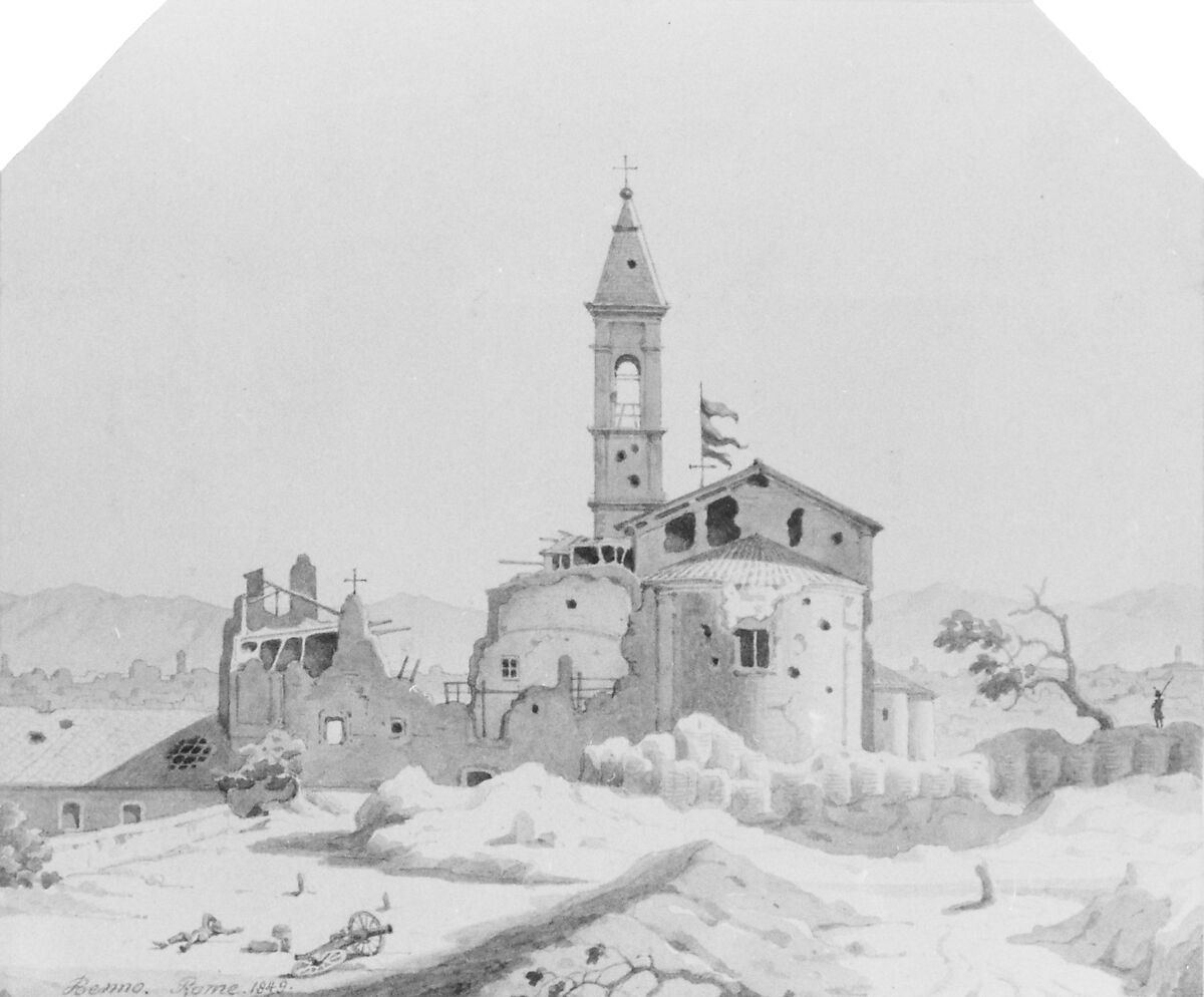 Ruins with Cannon and Soldiers (from Cropsey Album), Benno Friedrich Toermer (1804–1859), Watercolor washes and graphite on light brown wove paper, American 