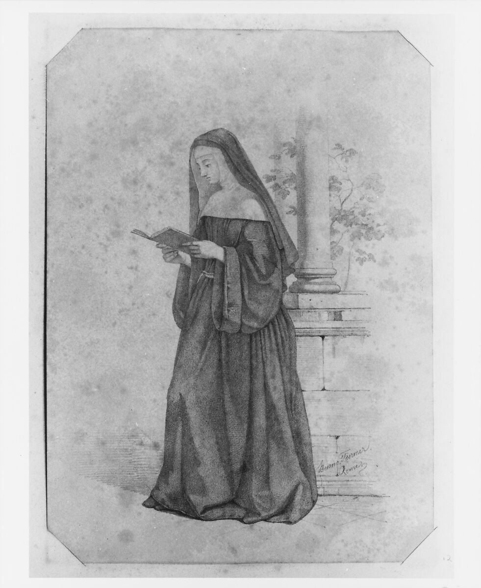 Nun Standing, Reading a Book (from Cropsey Album), Benno Friedrich Toermer (1804–1859), Graphite on off-white wove paper, American