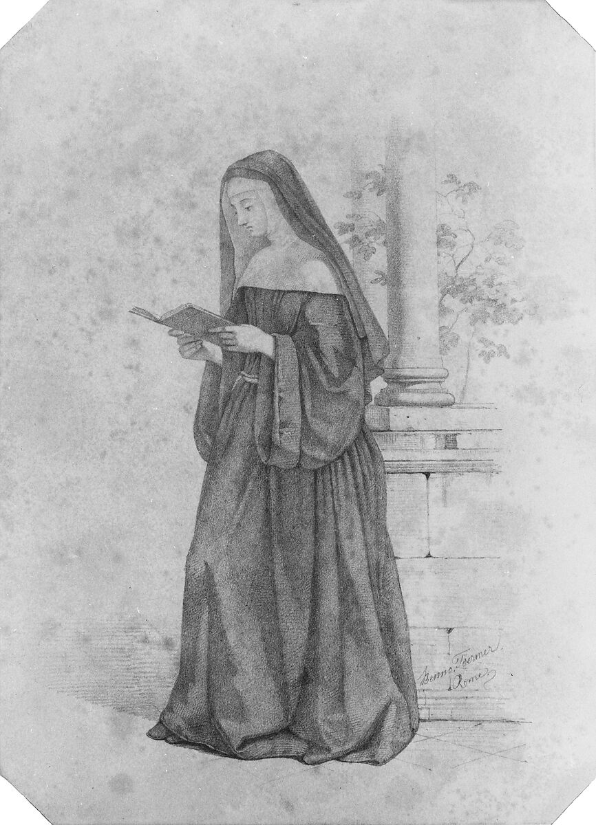 Nun Standing, Reading a Book (from Cropsey Album), Benno Friedrich Toermer (1804–1859), Graphite on off-white wove paper, American 