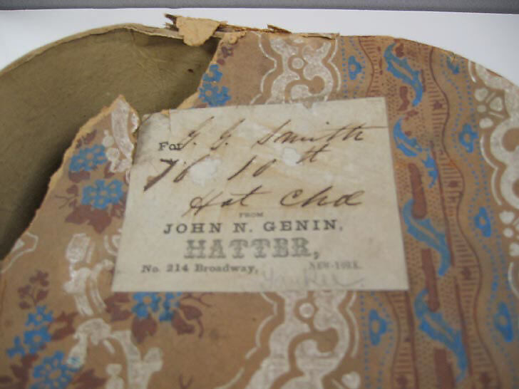 Hat, John N. Genin, a) linen, silk, leather, paper; b,c) leather; d-f) paper, American
