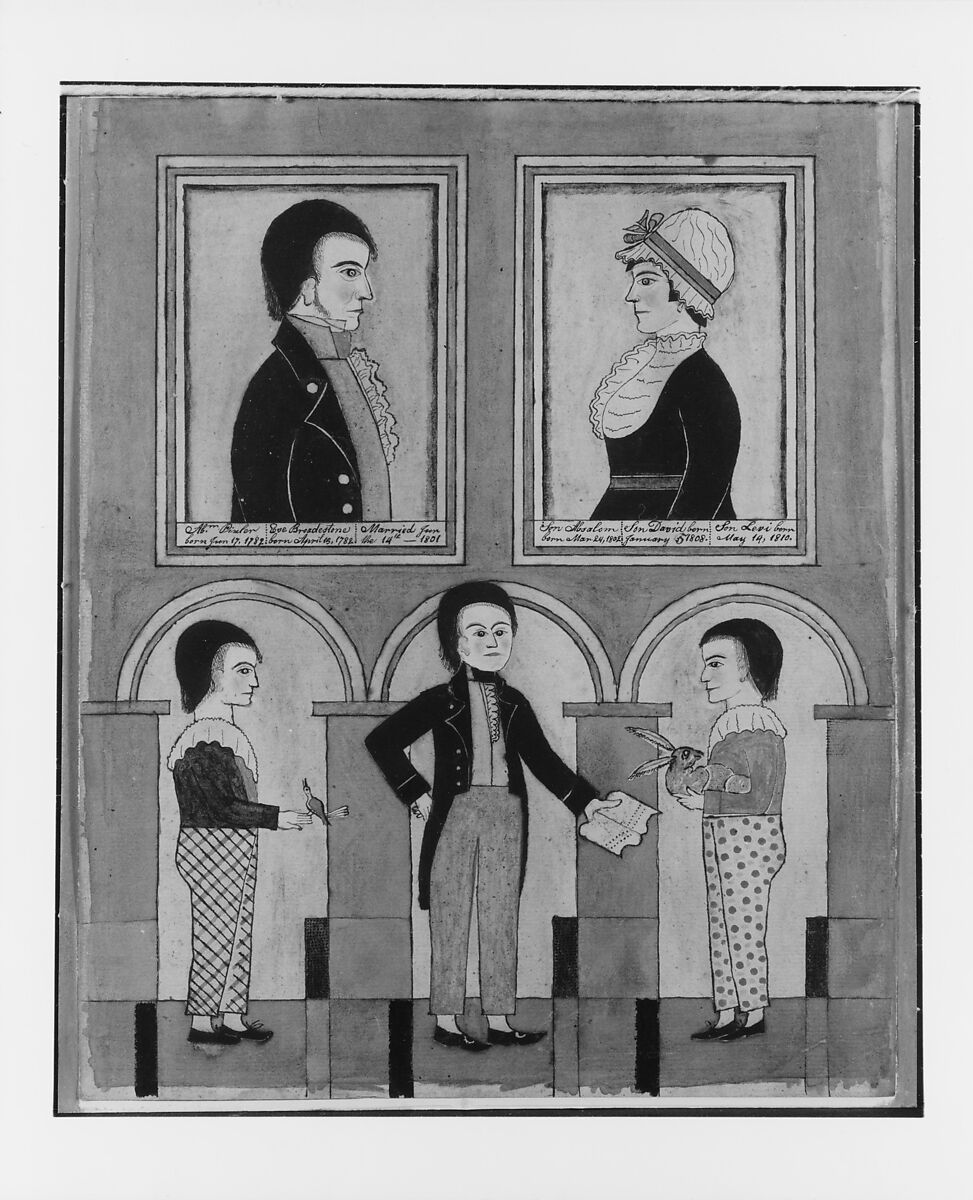 The Abraham Pixler Family, Watercolor, pen and iron gall ink, and gouache on off-white laid paper, American