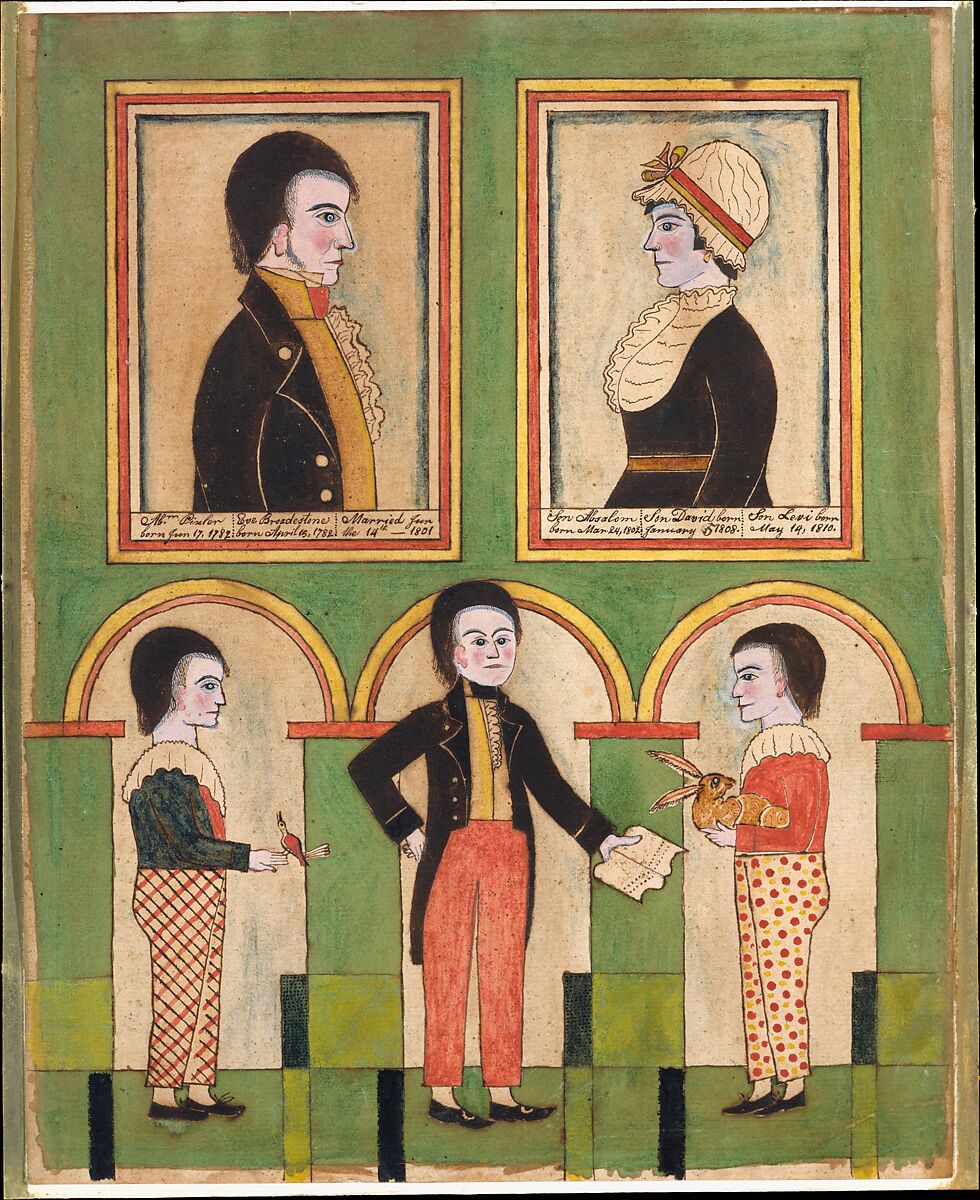 The Abraham Pixler Family, Watercolor, pen and iron gall ink, and gouache on off-white laid paper, American