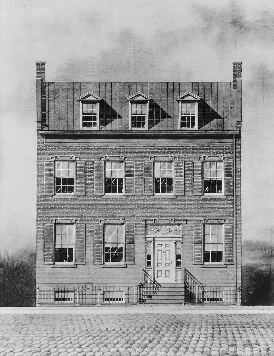 Architectural drawing of Duncan Phyfe’s house, 193 Fulton Street, New York City, Watercolor, goauche, gum arabic, and graphite on off-white wove paper, American