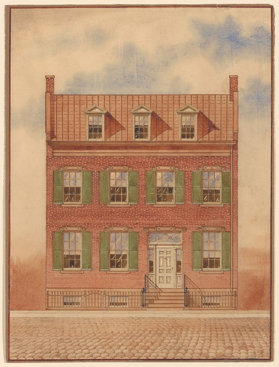 Architectural drawing of Duncan Phyfe’s house, 193 Fulton Street, New York City, Watercolor, goauche, gum arabic, and graphite on off-white wove paper, American 