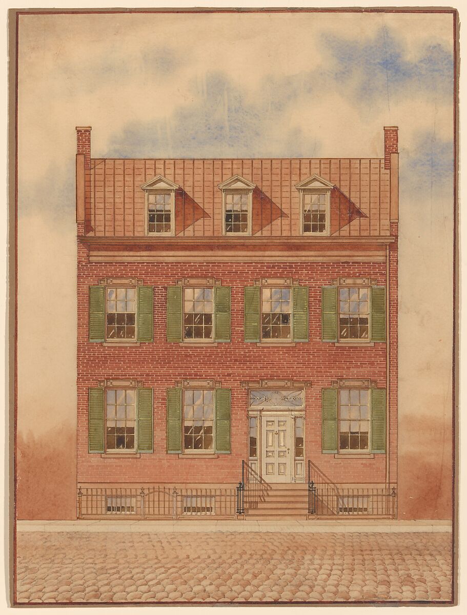 Architectural drawing of Duncan Phyfe’s house, 193 Fulton Street, New York City, Watercolor, goauche, gum arabic, and graphite on off-white wove paper, American