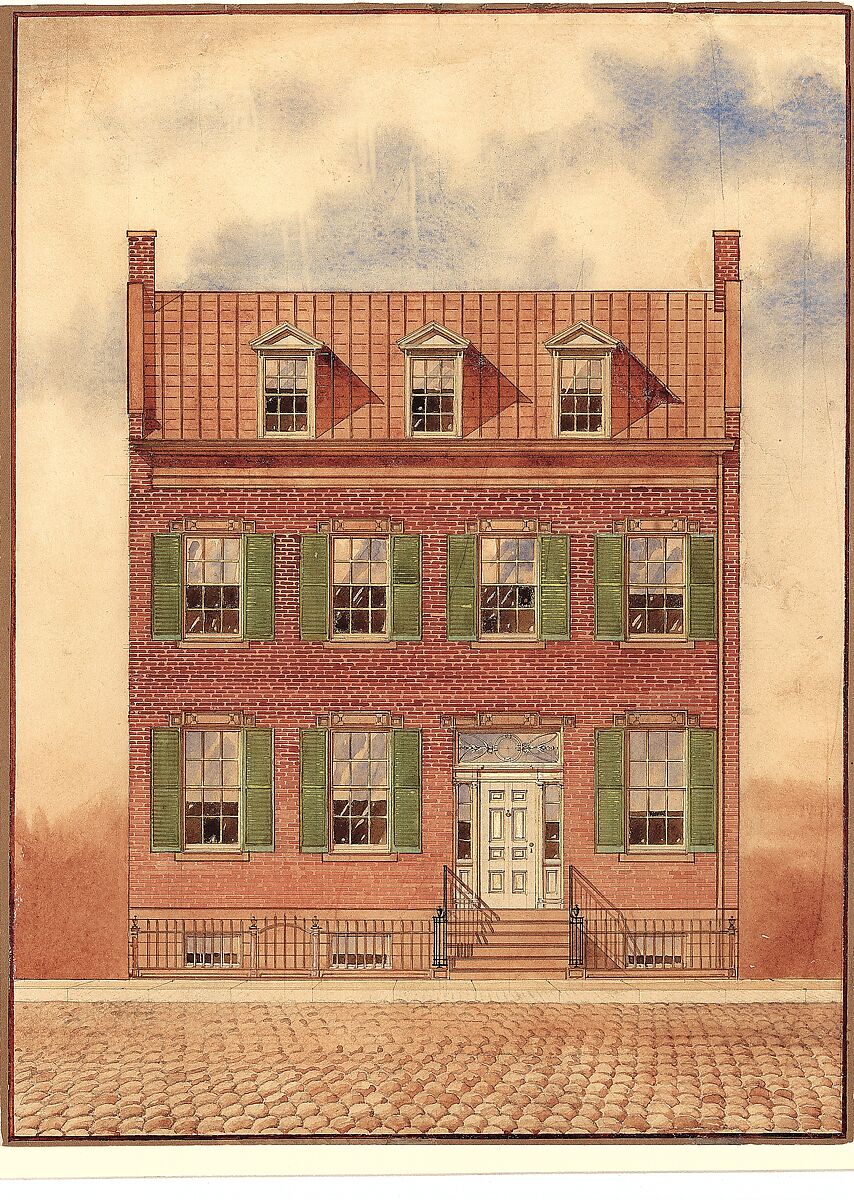 Architectural drawing of Duncan Phyfe’s house, 193 Fulton Street, New York City, Watercolor, goauche, gum arabic, and graphite on off-white wove paper, American
