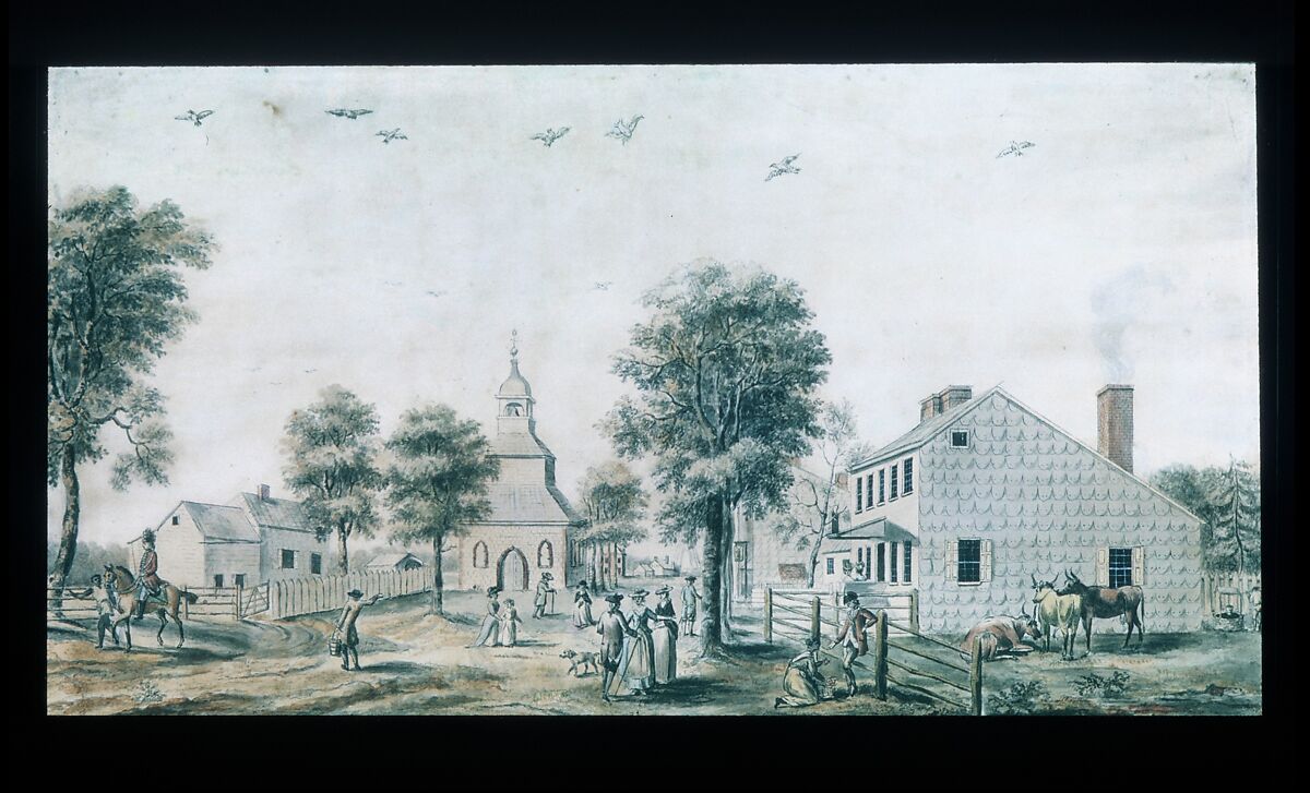 Brooklyn, Long Island (View of the Village Green), Watercolor, pen and black in on off-white laid paper, American