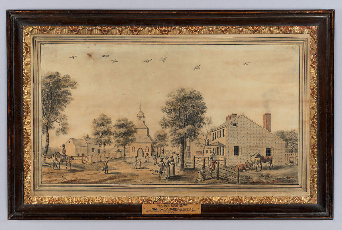 Brooklyn, Long Island (View of the Village Green), Watercolor, pen and black in on off-white laid paper, American