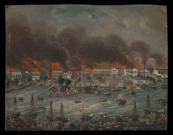 Burning of the "Factories" in Canton, Chinese Painter, Oil on copper, American 
