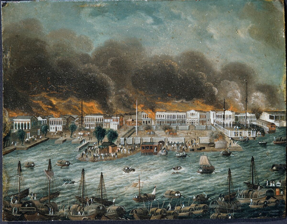 Burning of the "Factories" in Canton, Chinese Painter, Oil on copper, American