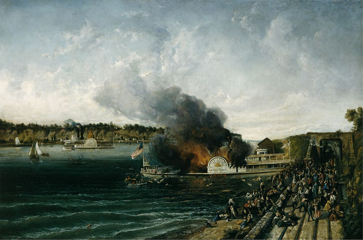 Burning of the Sidewheeler Henry Clay, Oil on canvas, American