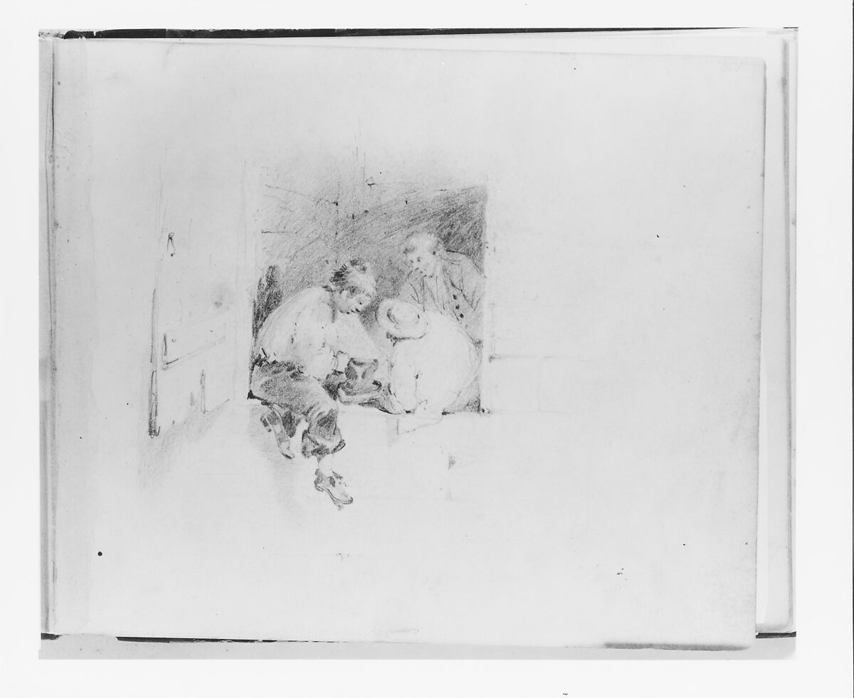 Boys Playing in a Doorway (from Sketchbook), Francis William Edmonds (American, Hudson, New York 1806–1863 Bronxville, New York), Graphite on off-white wove paper, American 