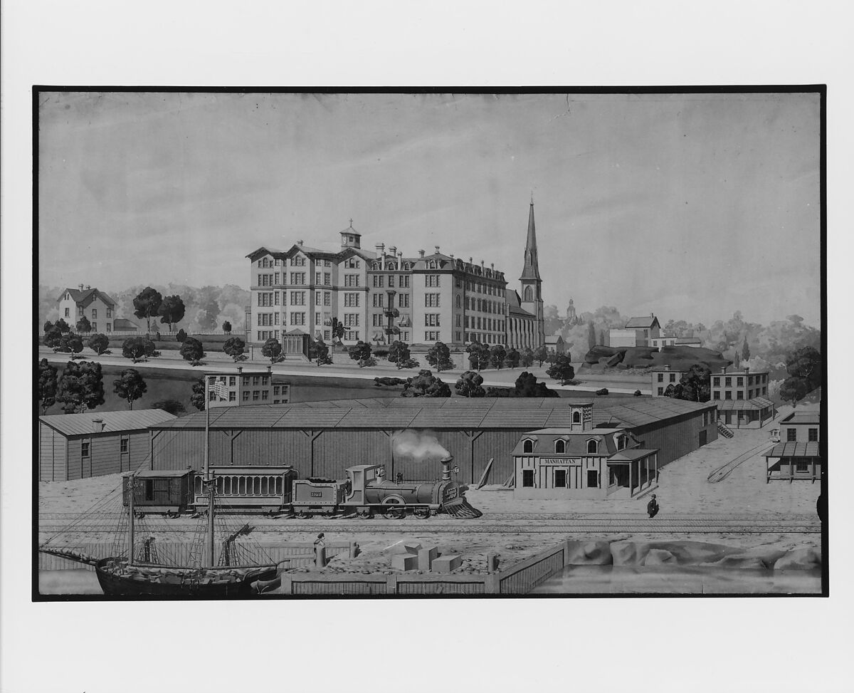 Hudson River Railroad Station, with a View of Manhattan College, Watercolor and black ink on off-white wove paper, American