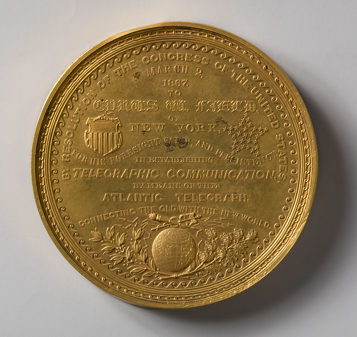 Congressional Medal to Cyrus W. Field for the Successful Laying of the Atlantic Cable, William Barber (1807–1879), Copper and gold leaf, American 