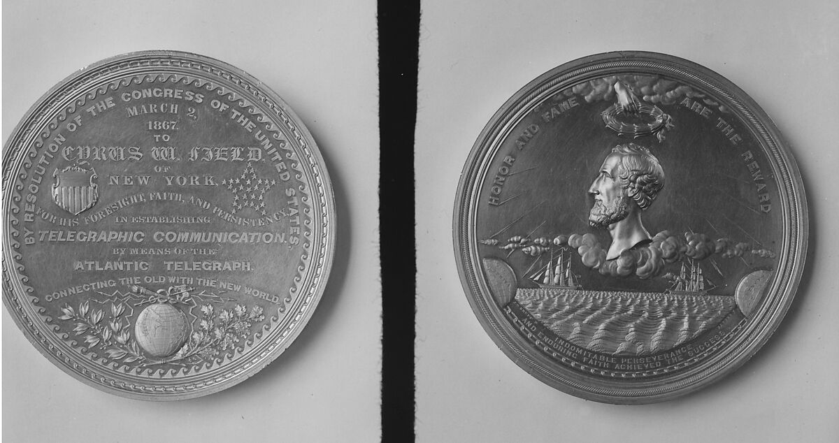 Congressional Medal to Cyrus W. Field for the Successful Laying of the Atlantic Cable, William Barber (1807–1879), Copper and gold leaf, American
