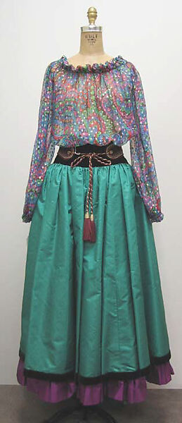 Ensemble, (a–c) Yves Saint Laurent (French, founded 1961), a) silk, synthetic; b) silk, cotton; c) silk, rhinestone, synthetic; d,e) silk, leather, French