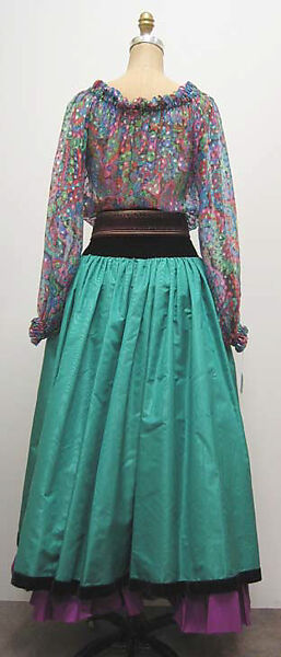 Ensemble, (a–c) Yves Saint Laurent (French, founded 1961), a) silk, synthetic; b) silk, cotton; c) silk, rhinestone, synthetic; d,e) silk, leather, French