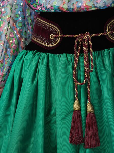 Ensemble, (a–c) Yves Saint Laurent (French, founded 1961), a) silk, synthetic; b) silk, cotton; c) silk, rhinestone, synthetic; d,e) silk, leather, French