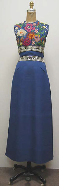 Ensemble, (a–c) Madame Grès (Germaine Émilie Krebs) (French, Paris 1903–1993 Var region), a) silk, metallic, shell, plastic, metal, straw; b,c) silk; d,e) silk, leather, French 