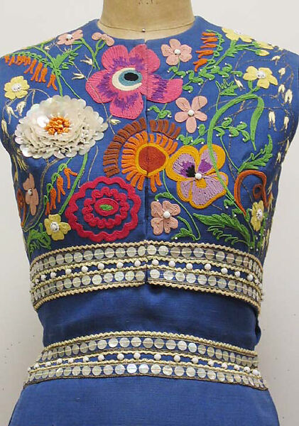 Ensemble, (a–c) Madame Grès (Germaine Émilie Krebs) (French, Paris 1903–1993 Var region), a) silk, metallic, shell, plastic, metal, straw; b,c) silk; d,e) silk, leather, French