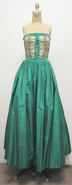 Ensemble, (a, b) Madame Grès (Germaine Émilie Krebs) (French, Paris 1903–1993 Var region), a) silk, metal, faux pearl, glass, rhinestone, cotton; b) silk; c,d) silk, leather, French