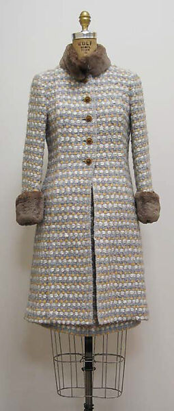 Ensemble, House of Chanel (French, founded 1910), a) wool and mohair, fur, silk, metal; b) wool and mohair, fur, silk; c,d) silk, plastic  
c, d) silk, French 