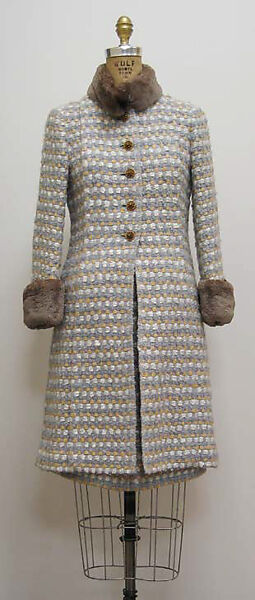 Ensemble, House of Chanel (French, founded 1910), a) wool and mohair, fur, silk, metal; b) wool and mohair, fur, silk; c,d) silk, plastic  
c, d) silk, French 