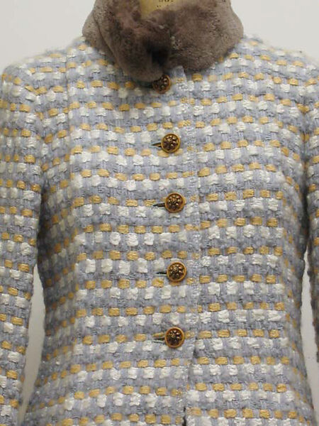 Ensemble, House of Chanel (French, founded 1910), a) wool and mohair, fur, silk, metal; b) wool and mohair, fur, silk; c,d) silk, plastic  
c, d) silk, French