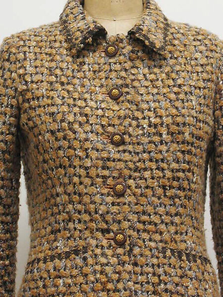 Suit, House of Chanel (French, founded 1910), a) wool/mohair/synthetic, silk, plastic, metal; b,c) wool/mohair/synthetic, silk, French