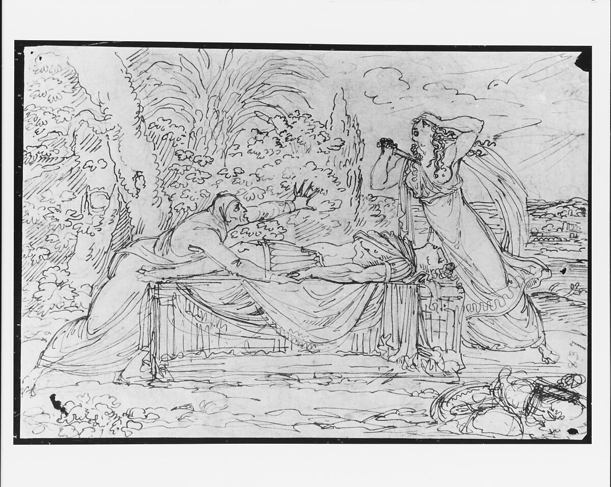 Panthea Stabs Herself beside the Corpse of Abradatas, After Benjamin West (American, Swarthmore, Pennsylvania 1738–1820 London), Brown ink, ink washes, and black chalk on white laid paper, American