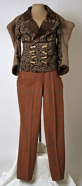 Ensemble, Vivienne Westwood (British, 1941–2022), a) wool, cotton, leather, horn; b) wool, plastic; c) wool, British 