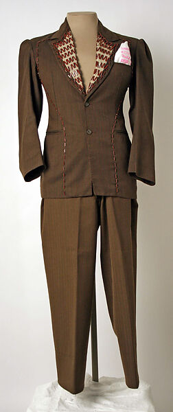 Suit, Vivienne Westwood (British, 1941–2022), a) wool, cotton, ceramic, plastic; b) wool, plastic, metal; c) linen, British 