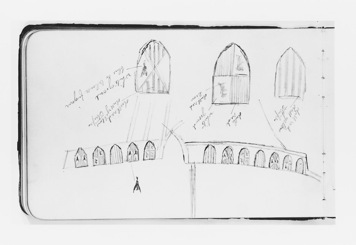 Sketchbook of Columbus Subjects: Caravels, Figures, Heraldry, and Accessories, Albert Bierstadt (American, Solingen 1830–1902 New York), Drawings in graphite on off-white wove paper with gilt edges, bound in a leather cover, American