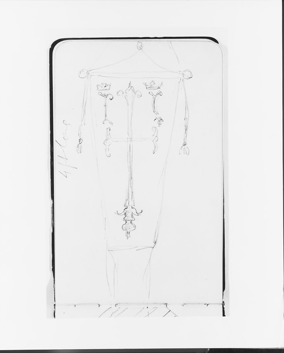 Sketchbook of Columbus Subjects: Caravels, Figures, Heraldry, and Accessories, Albert Bierstadt (American, Solingen 1830–1902 New York), Drawings in graphite on off-white wove paper with gilt edges, bound in a leather cover, American