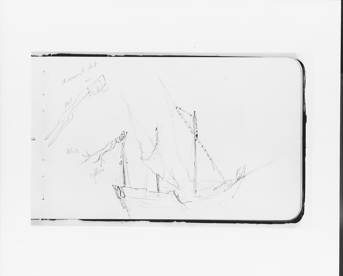 Sketchbook of Columbus Subjects: Caravels, Figures, Heraldry, and Accessories, Albert Bierstadt (American, Solingen 1830–1902 New York), Drawings in graphite on off-white wove paper with gilt edges, bound in a leather cover, American