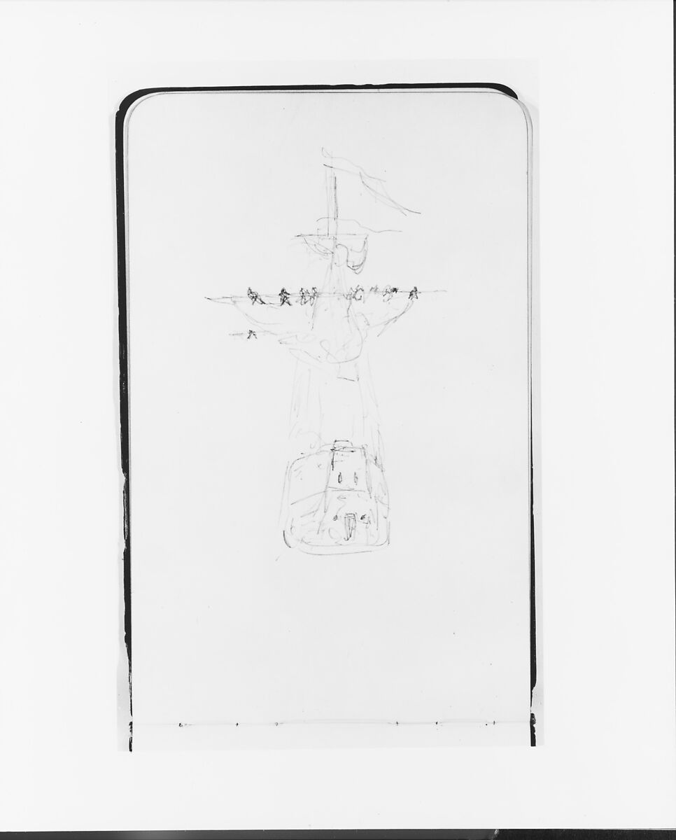 Sketchbook of Columbus Subjects: Caravels, Figures, Heraldry, and Accessories, Albert Bierstadt (American, Solingen 1830–1902 New York), Drawings in graphite on off-white wove paper with gilt edges, bound in a leather cover, American