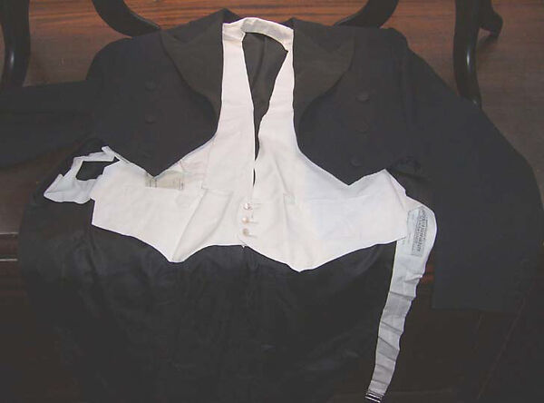 Tuxedo, Anderson &amp; Sheppard (British, founded 1906), a) wool, silk; b) cotton, faux abalone; c) wool, silk, cotton, plastic, British